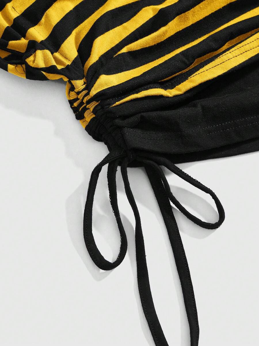 Women's striped t-shirt featuring an asymmetric cold shoulder neckline, batwing short sleeves, and ruched drawstring details in a loose knit fit.