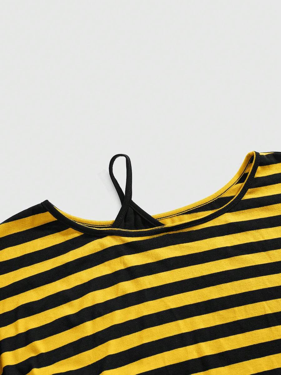 Women's striped t-shirt featuring an asymmetric cold shoulder neckline, batwing short sleeves, and ruched drawstring details in a loose knit fit.