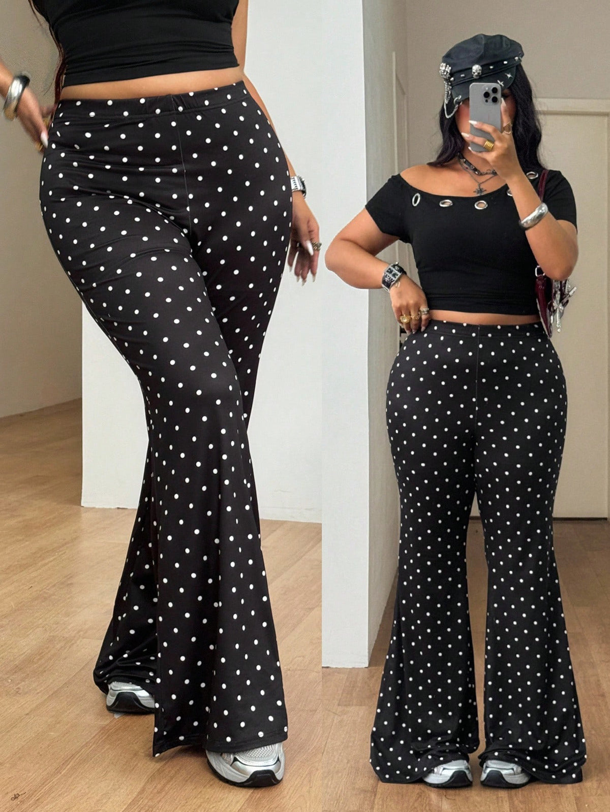 Women's plus size black flare leg pants with high elastic waist in stretchy knit fabric