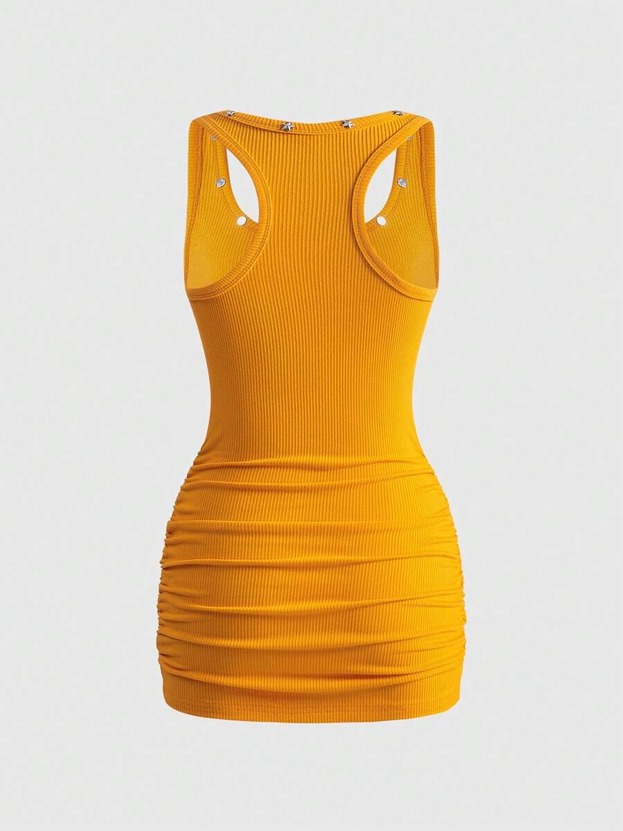 Women's sleeveless star print tank mini dress featuring a scoop neckline and slim fit in black knitted fabric.