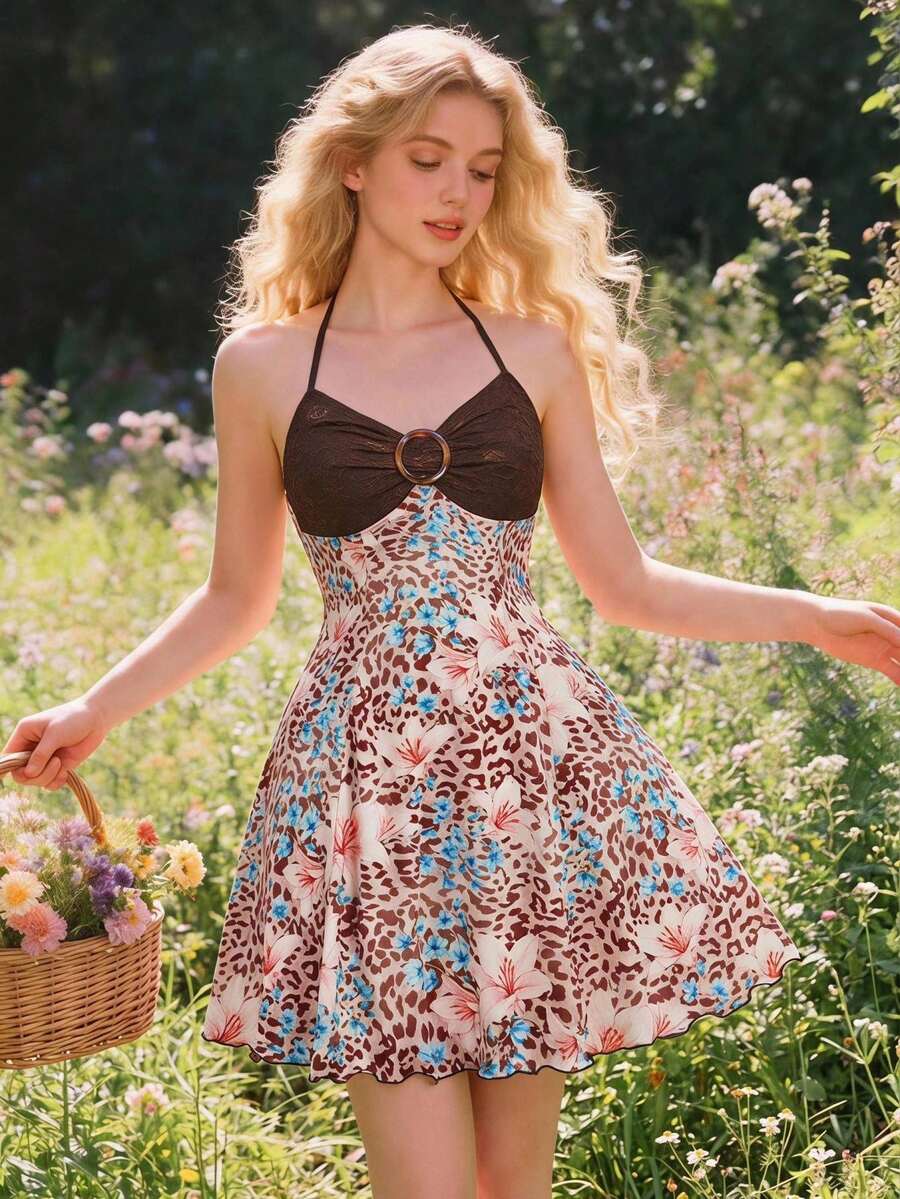 Women's apricot halter mini dress with backless knot and ring detail, sleeveless cami style, flared hem, and boho vacation look