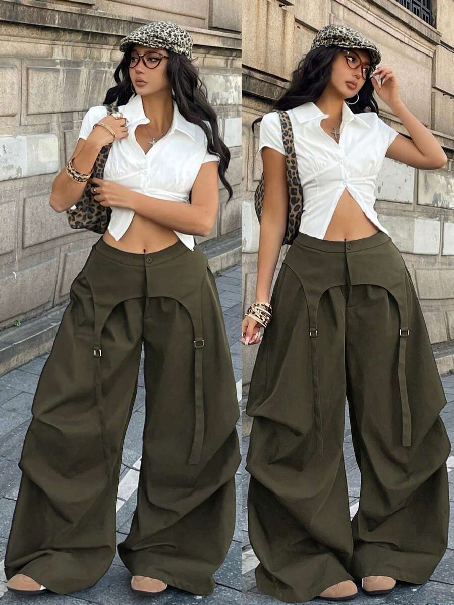 Women's loose fit wide leg utility parachute pants with functional pockets and low waist design