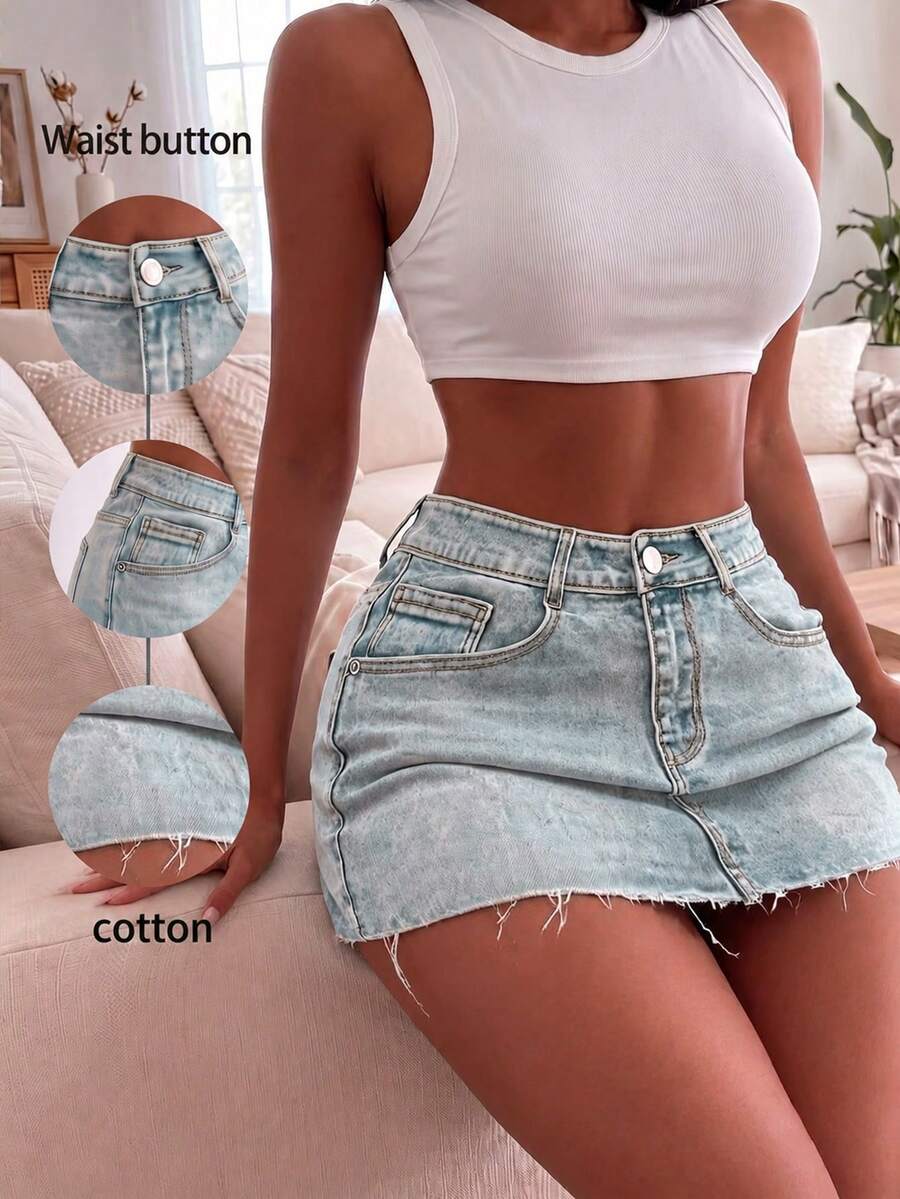Y2K distressed mini skort with button and pocket details, natural mid waist, regular fit, and casual streetwear styling.