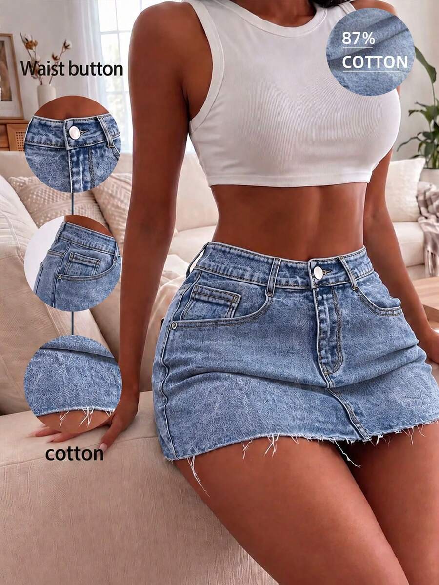Y2K distressed mini skort with button and pocket details, natural mid waist, regular fit, and casual streetwear styling.