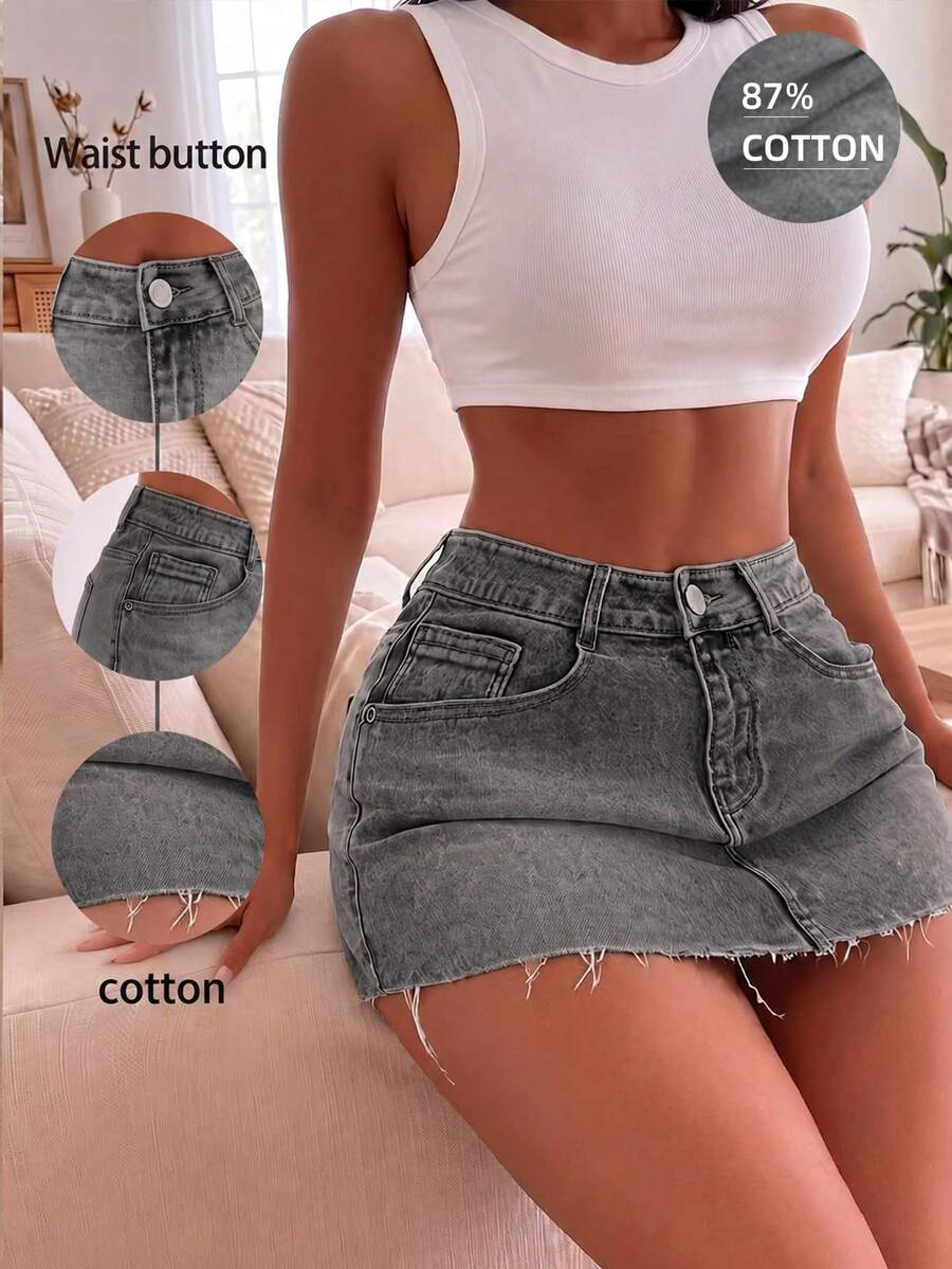 Y2K distressed mini skort with button and pocket details, natural mid waist, regular fit, and casual streetwear styling.