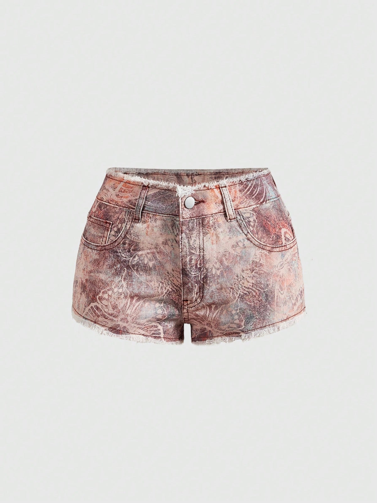 Brown paisley mini shorts with ultra low waist, raw frayed hem, pockets, and zipper detail
