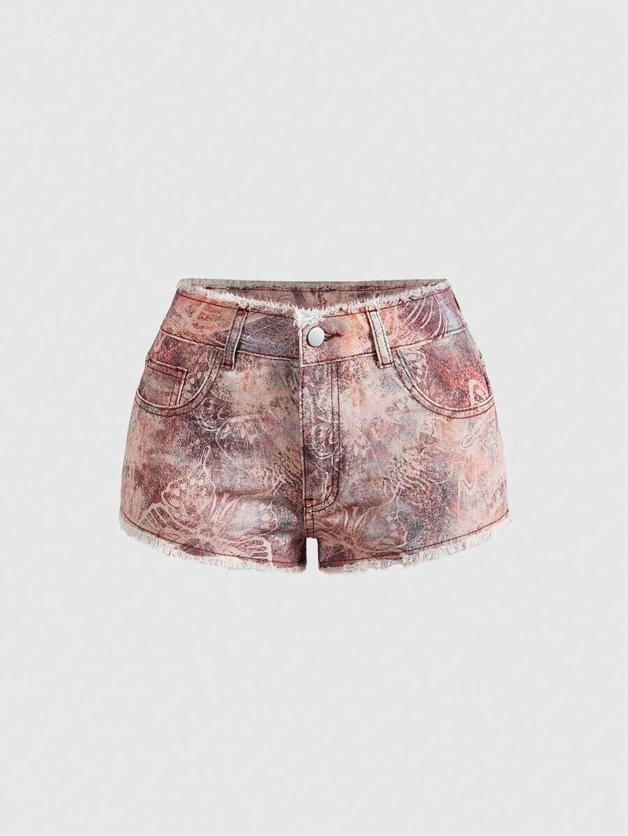 Brown paisley mini shorts with ultra low waist, raw frayed hem, pockets, and zipper detail