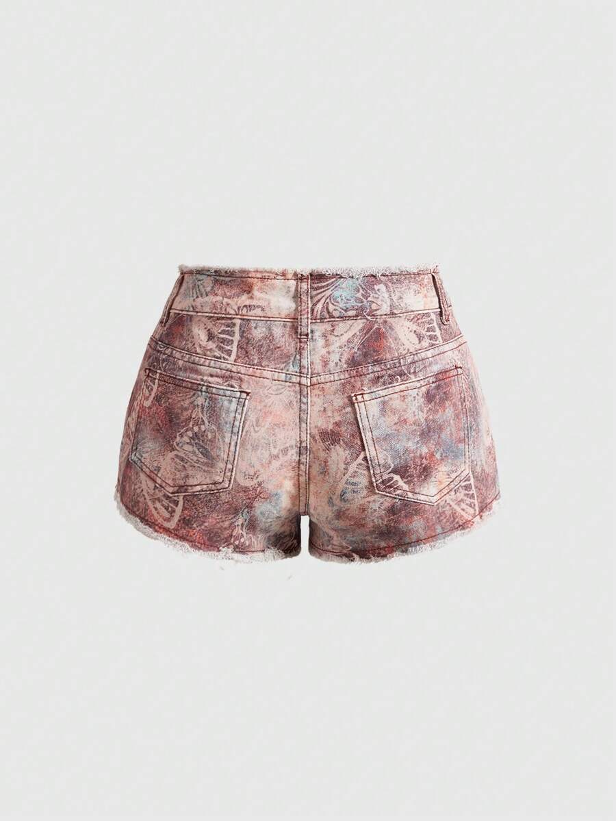Brown paisley mini shorts with ultra low waist, raw frayed hem, pockets, and zipper detail