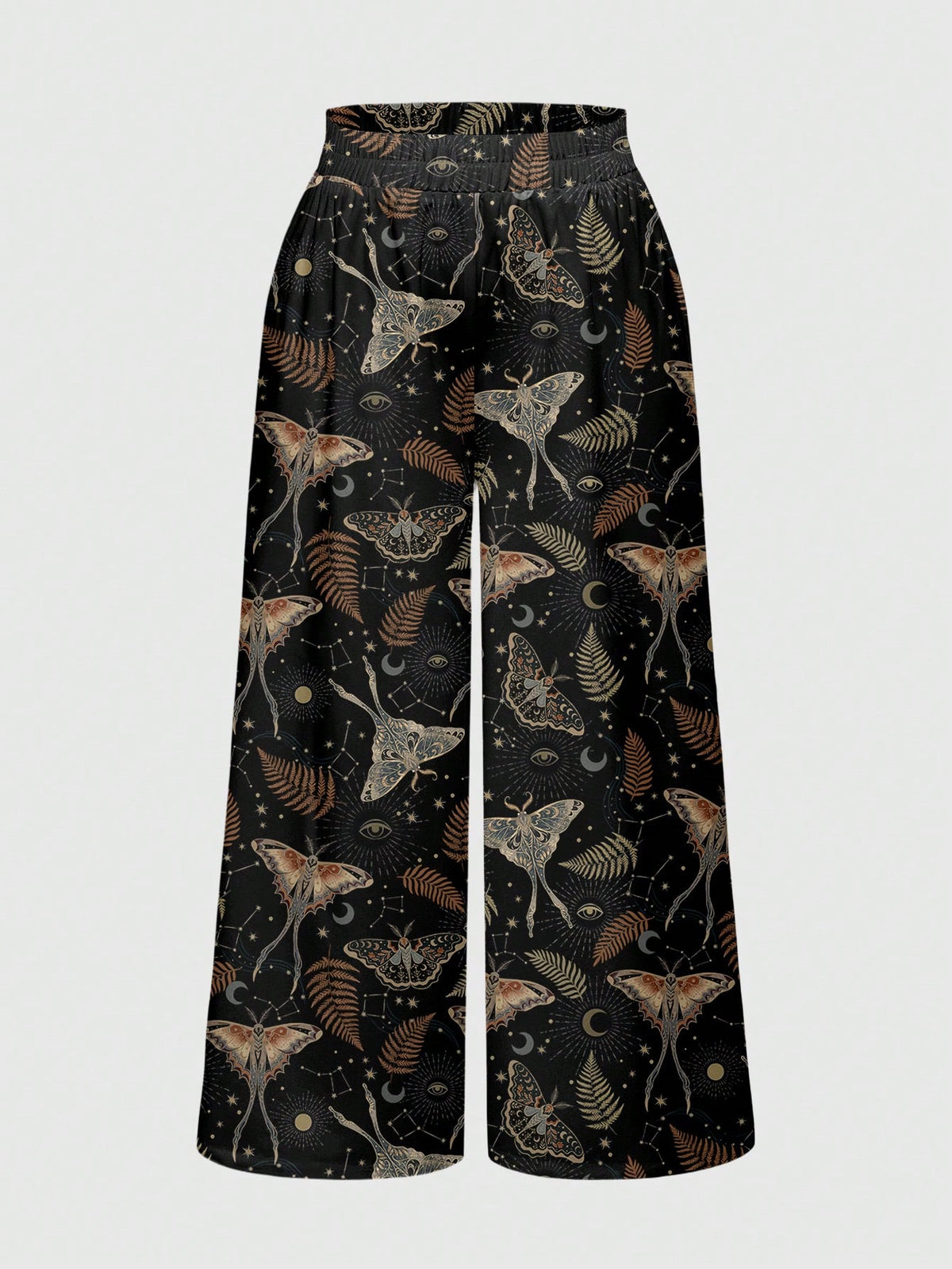Women's plus size black gothic wide leg pants with split thigh detail and celestial moth, sun, and star pattern.
