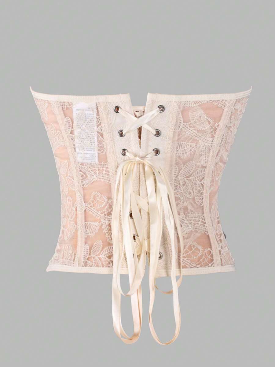 Women's strapless lace boned corset top featuring cup details, grommet eyelets, and a slim fit design.