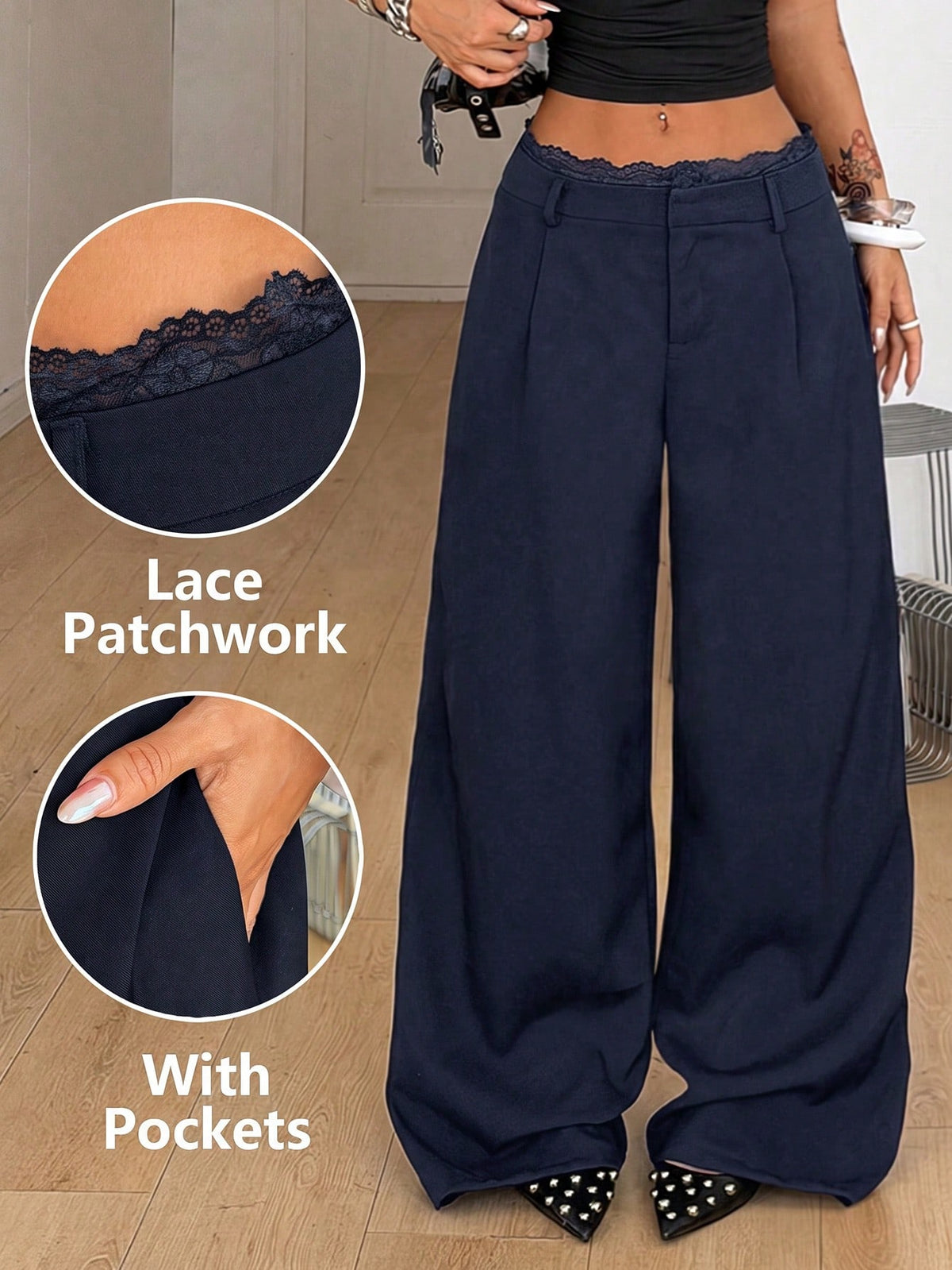 Women's straight leg dress pants with a mid waist and front zipper fly, styled for business casual and office wear.