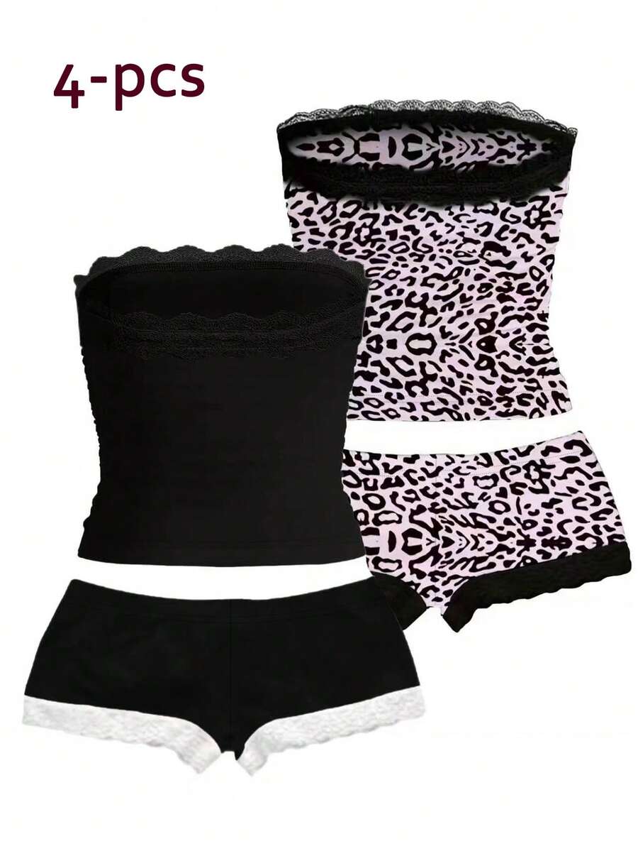 Women's contrast lace strapless camisole and shorts two-piece outfit with ruffle detail and slim fit styling