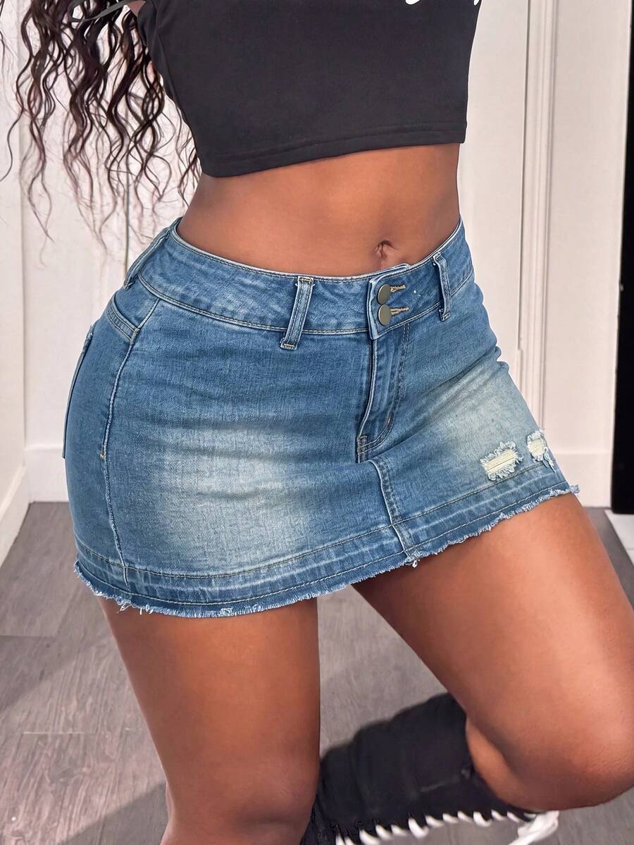 Women's black low waist bodycon mini skirt with button detail, pockets, and zipper closure