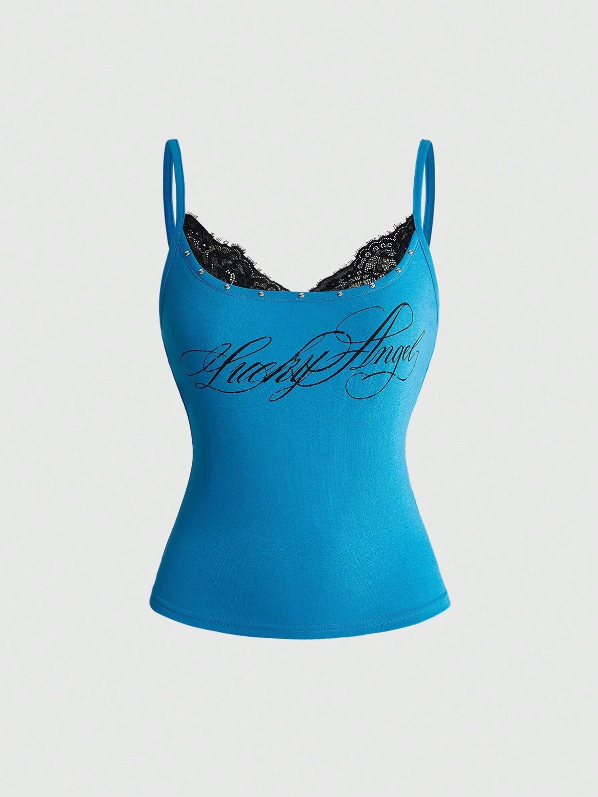 Women's slim fit 2-in-1 spaghetti strap tank top with contrast lace patchwork detail.