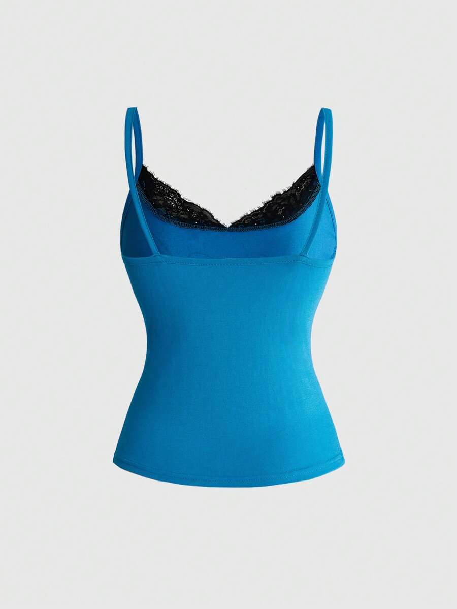 Women's slim fit 2-in-1 spaghetti strap tank top with contrast lace patchwork detail.