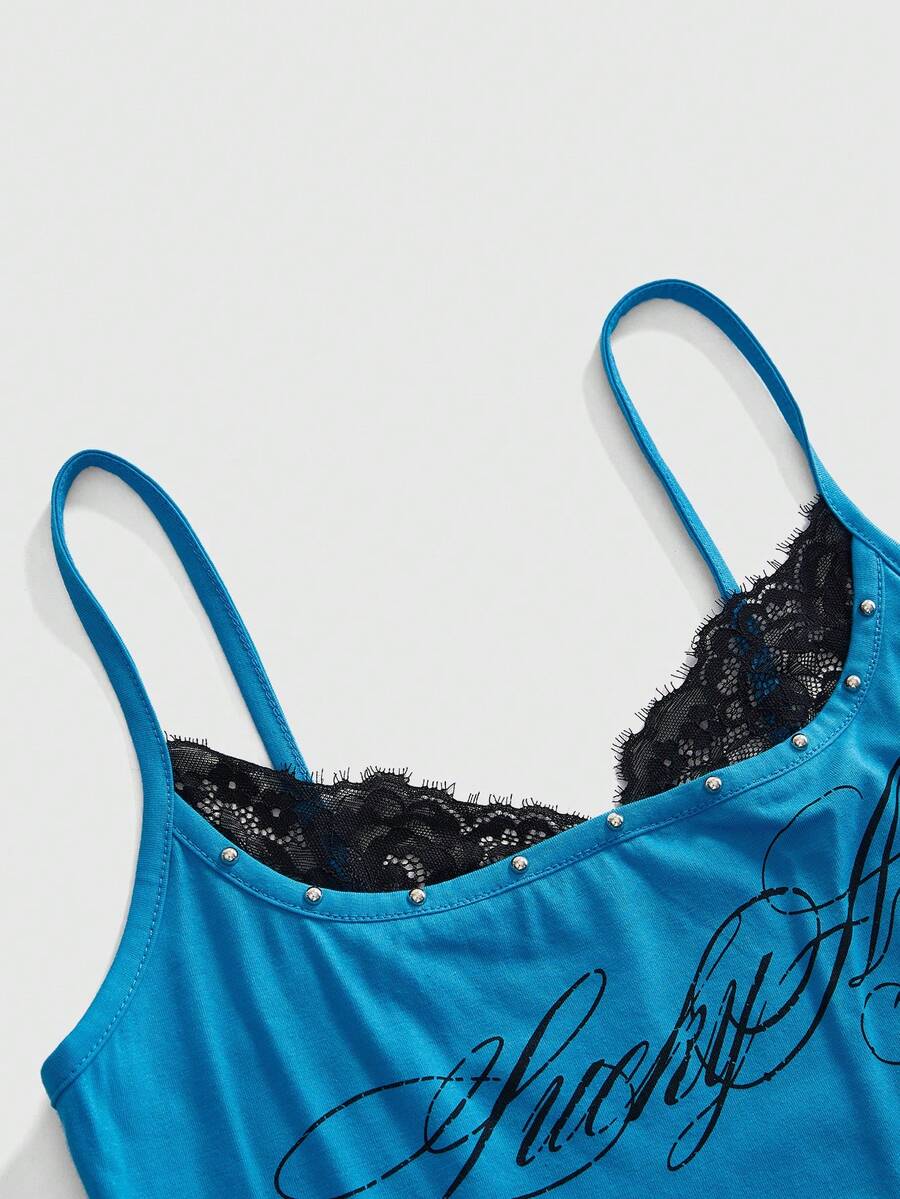 Women's slim fit 2-in-1 spaghetti strap tank top with contrast lace patchwork detail.