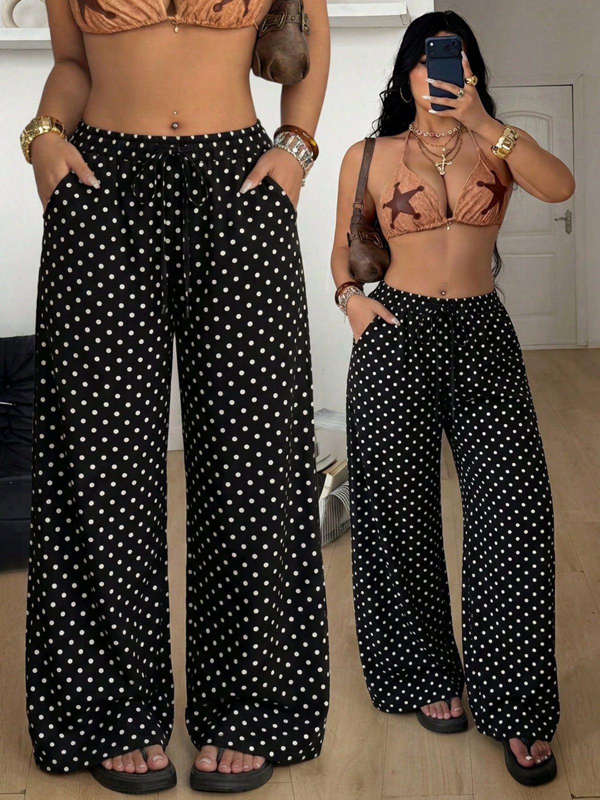 Plus size women's black and white polka dot loose straight leg casual pants