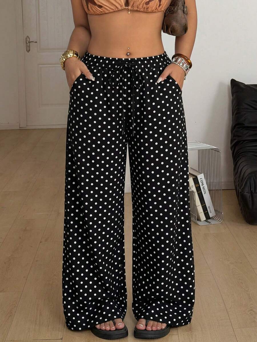 Plus size women's black and white polka dot loose straight leg casual pants