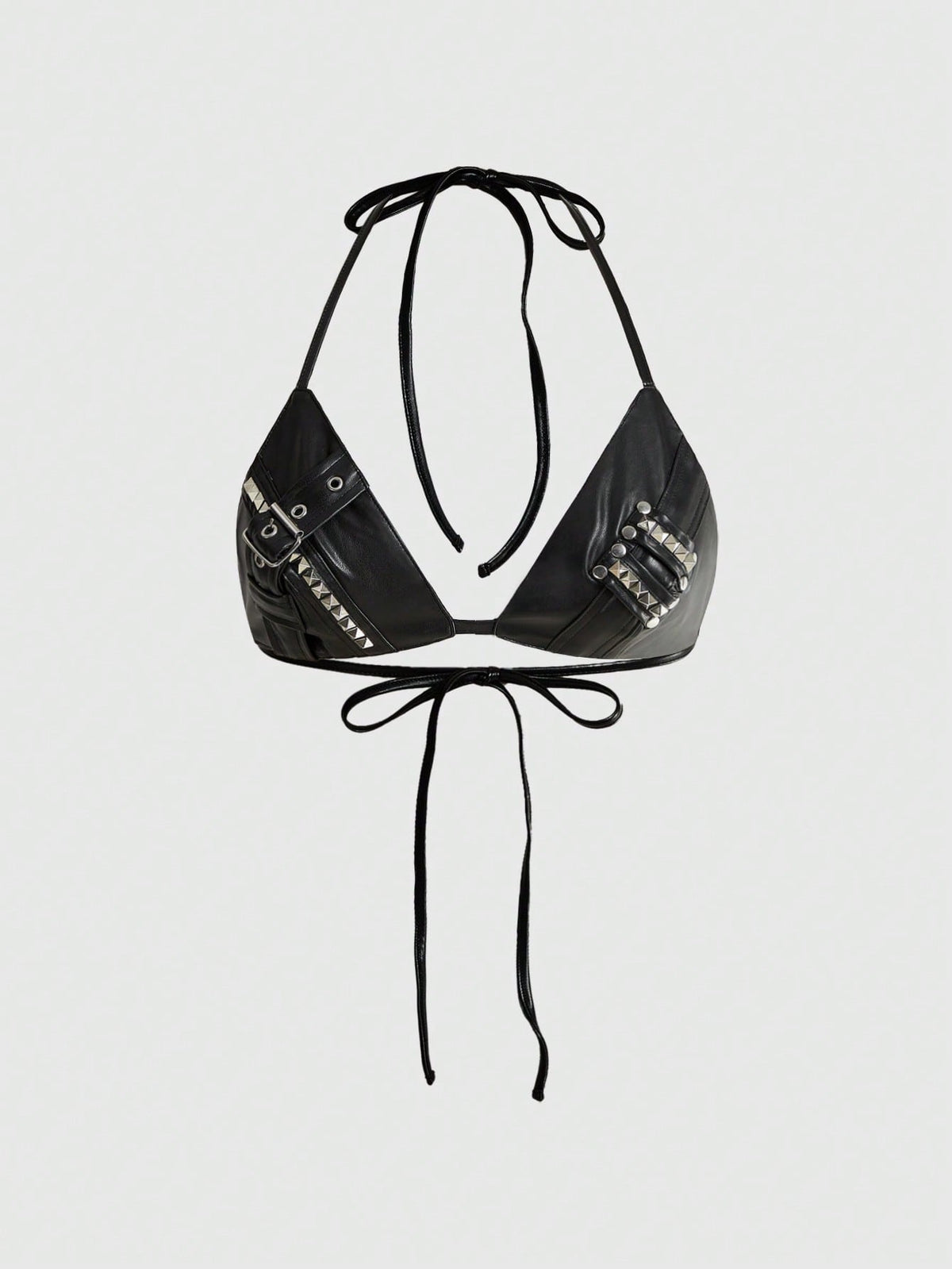 Black PU punk halter tank top with metal rivet details, triangle cups, and a backless lace-up tie closure.