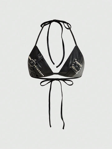 Black PU punk halter tank top with metal rivet details, triangle cups, and a backless lace-up tie closure.