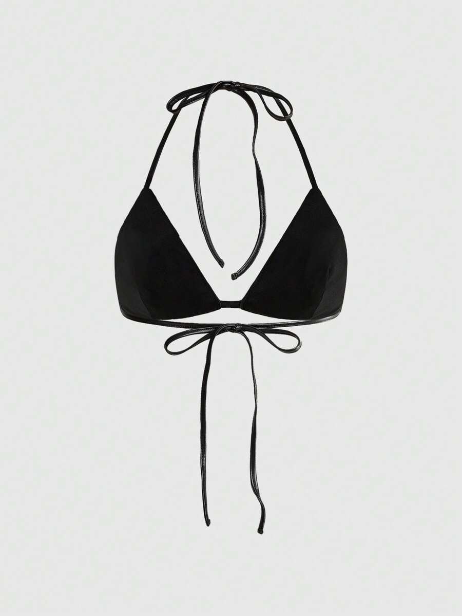 Black PU punk halter tank top with metal rivet details, triangle cups, and a backless lace-up tie closure.