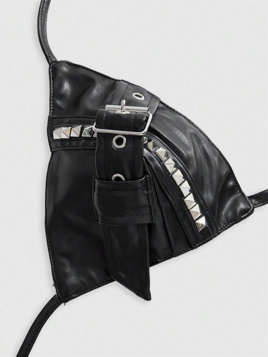 Black PU punk halter tank top with metal rivet details, triangle cups, and a backless lace-up tie closure.