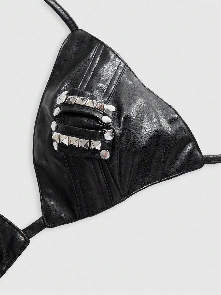 Black PU punk halter tank top with metal rivet details, triangle cups, and a backless lace-up tie closure.