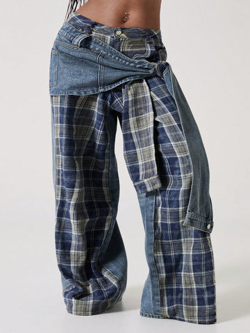 Women's plus size blue patchwork denim jeans featuring front lace-up detailing, mid waist, zipper fly, and functional pockets.