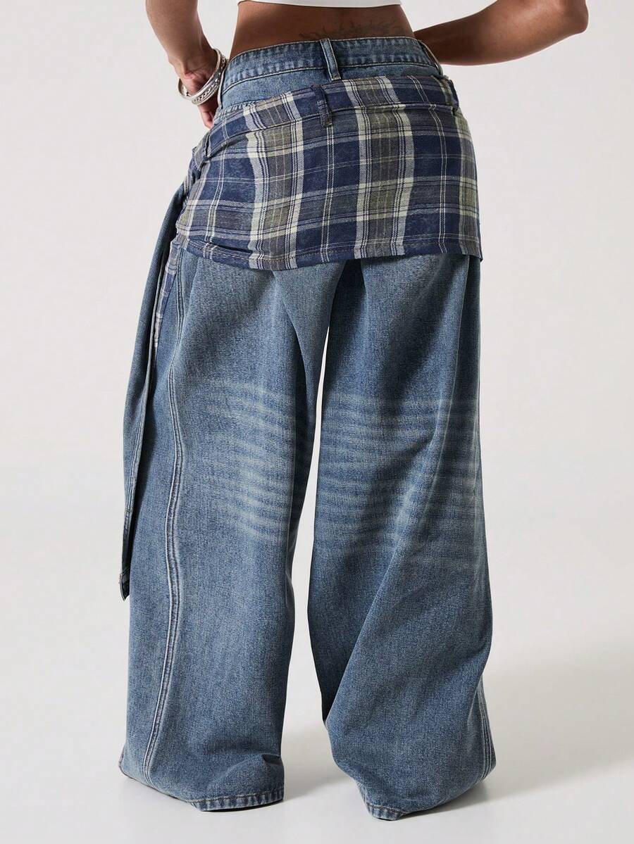 Women's plus size blue patchwork denim jeans featuring front lace-up detailing, mid waist, zipper fly, and functional pockets.