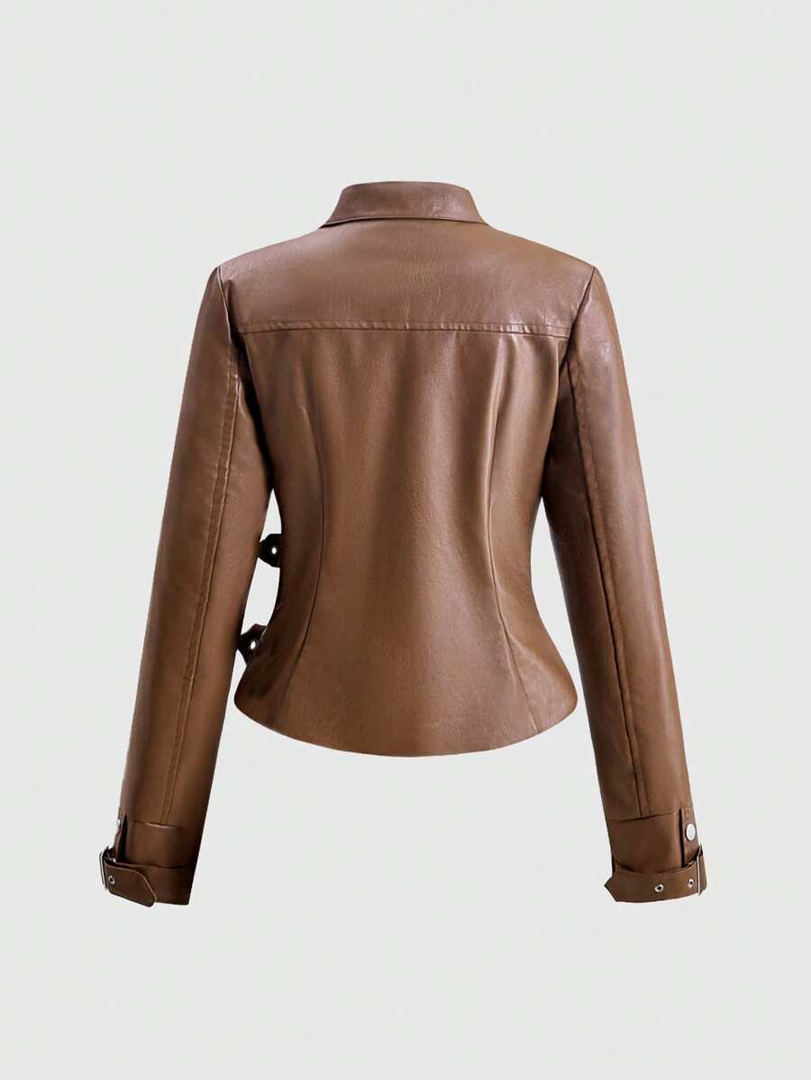 Women's black grunge punk motorcycle jacket featuring metal buckle straps and asymmetrical hem