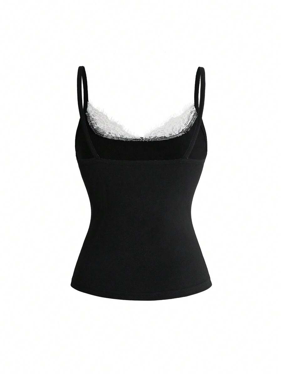 Women's slim fit 2-in-1 spaghetti strap tank top with contrast lace patchwork detail.