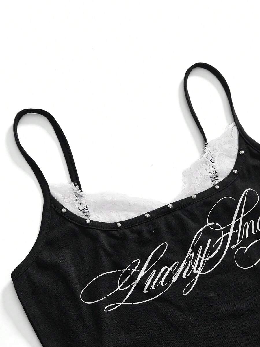Women's slim fit 2-in-1 spaghetti strap tank top with contrast lace patchwork detail.