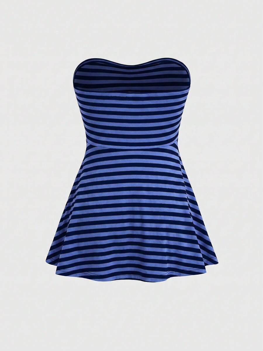Women's striped strapless tube top featuring ruched detailing, flared hem, and stretchy knit fabric.