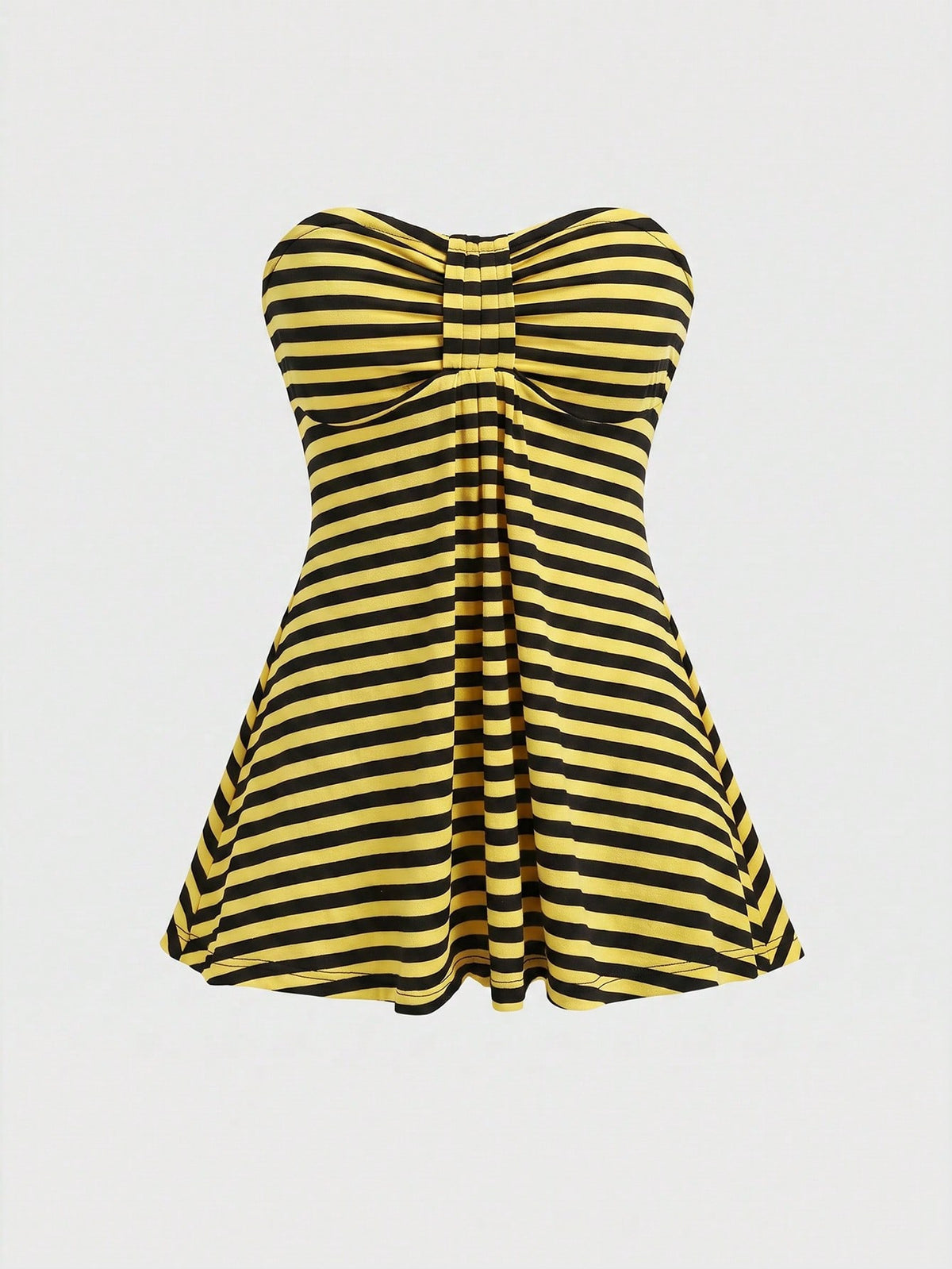 Women's striped strapless tube top featuring ruched detailing, flared hem, and stretchy knit fabric.