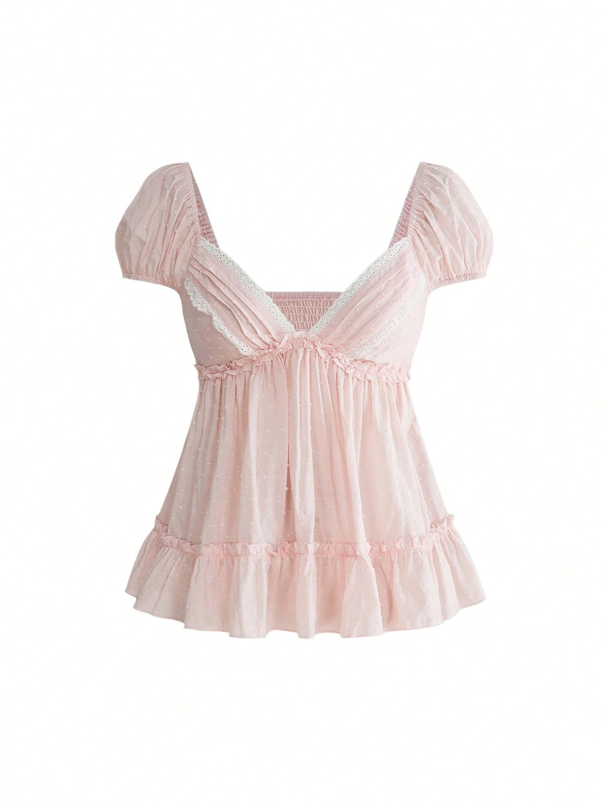 Pink colorblock peplum blouse for plus size women featuring a deep V-neck, flounce cap sleeves, ruched detailing, and a flared ruffle hem.