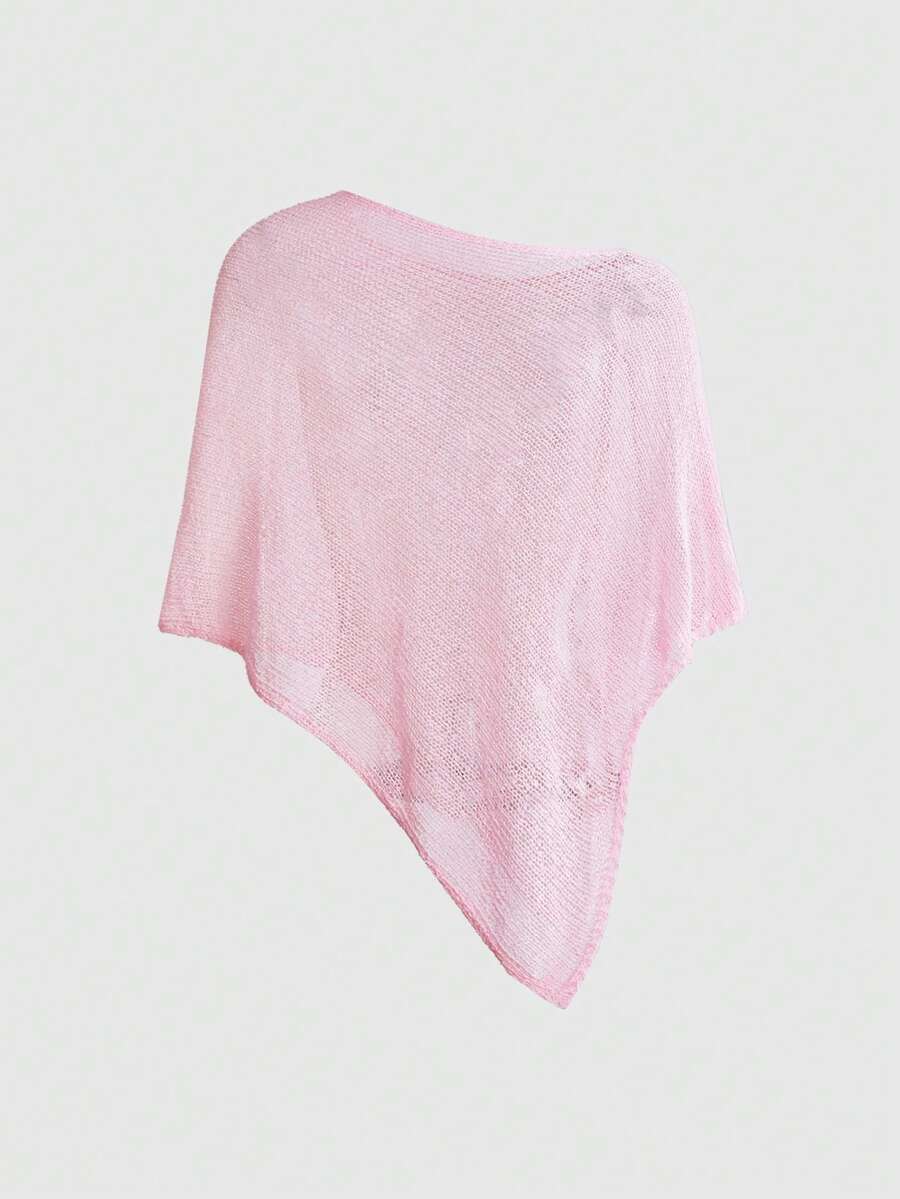 Women's casual hollow knit poncho top with boat neck, cloak sleeves, and asymmetrical hem