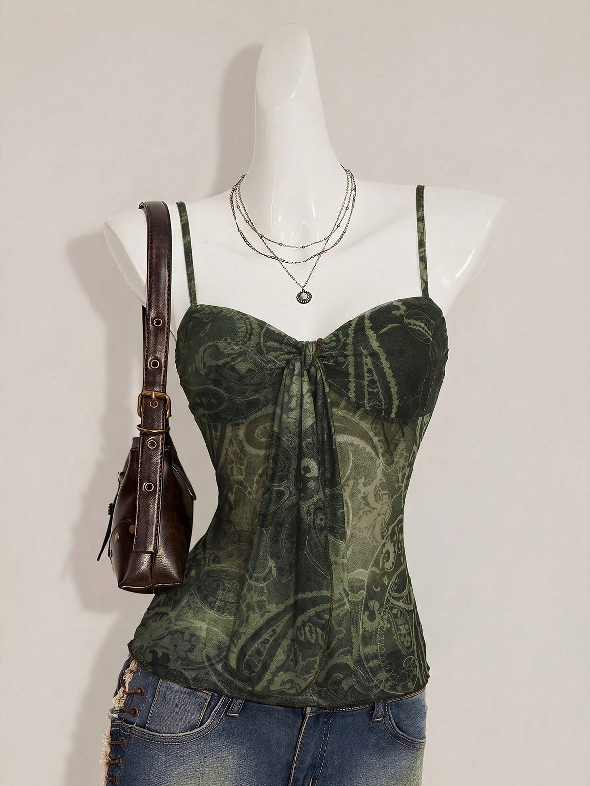 Women's Green Print Y2K Pleated Cami Top