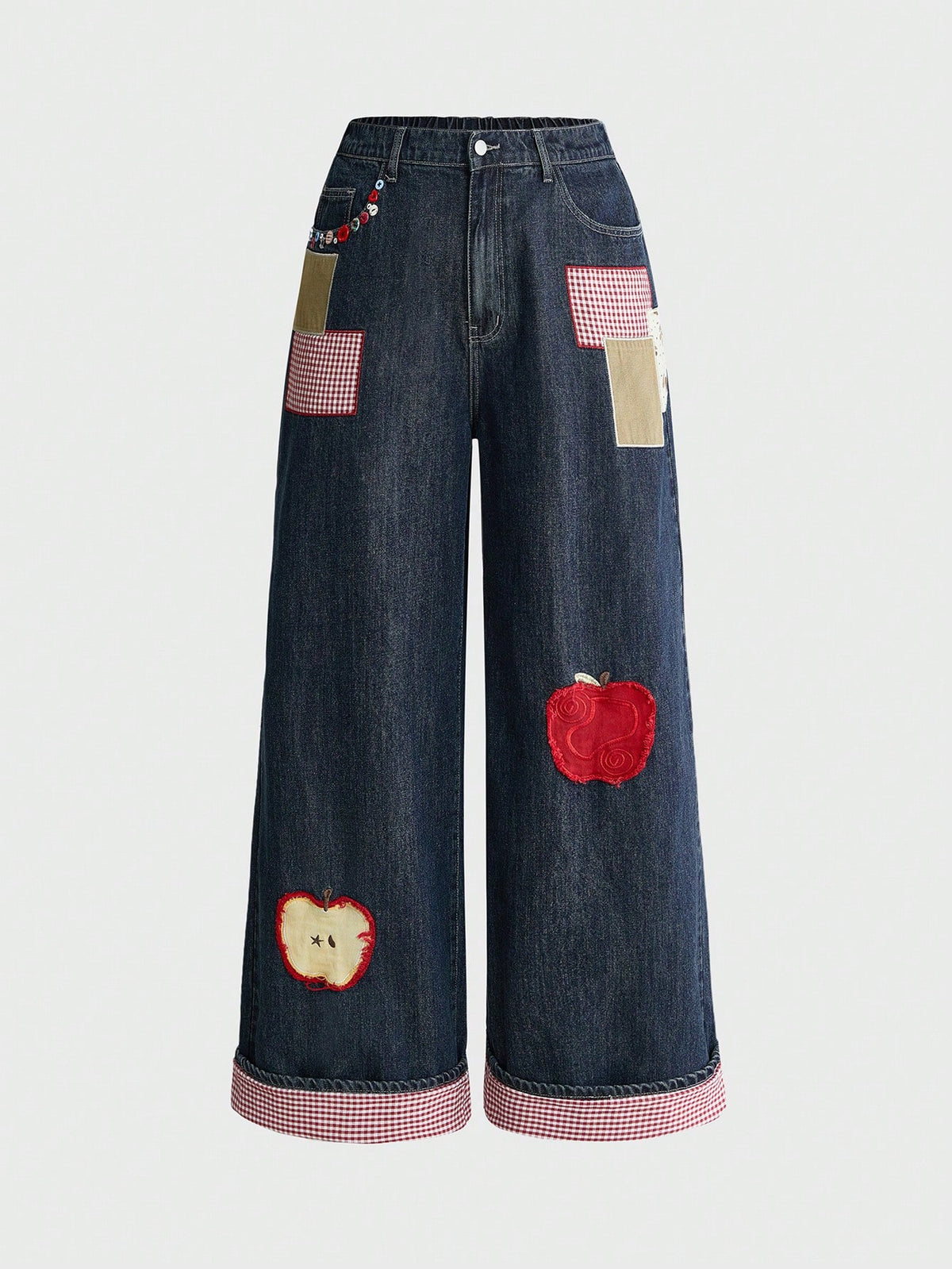 Women's plus size loose straight leg dark wash denim jeans with plaid apple patch embroidery and pockets.
