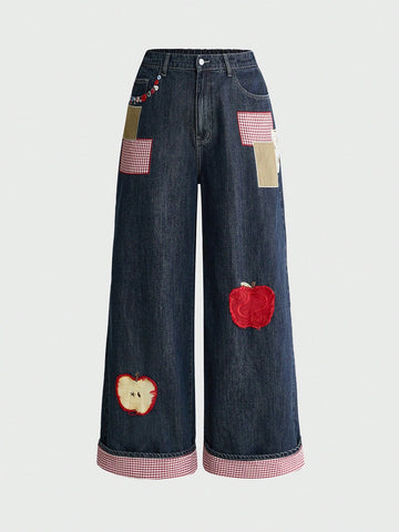 Women's plus size loose straight leg dark wash denim jeans with plaid apple patch embroidery and pockets.