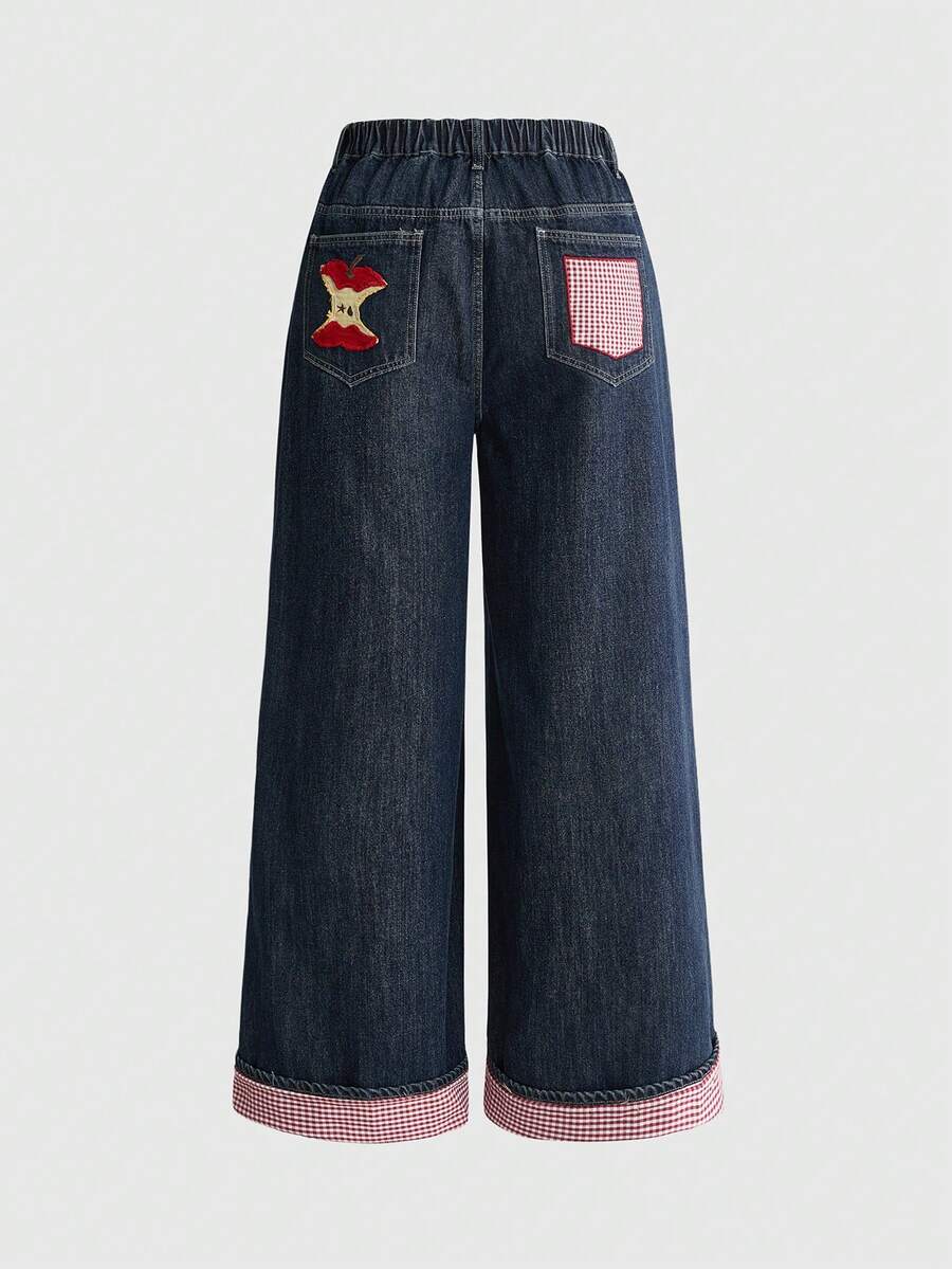 Women's plus size loose straight leg dark wash denim jeans with plaid apple patch embroidery and pockets.