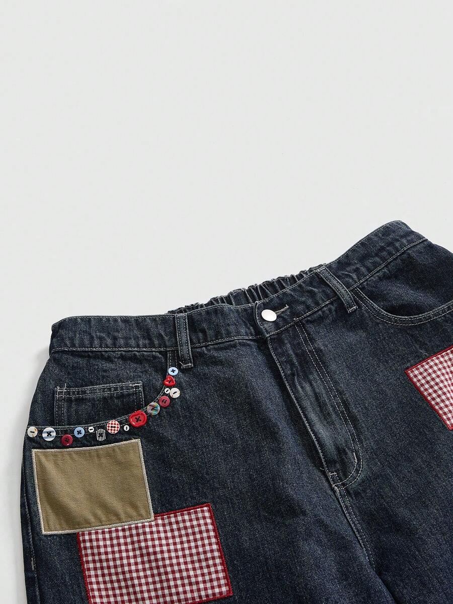 Women's plus size loose straight leg dark wash denim jeans with plaid apple patch embroidery and pockets.