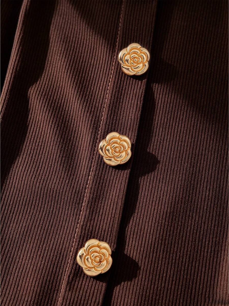 Women's slim fit square neck sleeveless knit tank top featuring a front faux placket with decorative gold metal buttons.