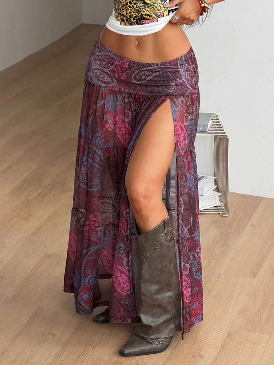 Women's floral split thigh long skirt in textured mesh fabric with a flared silhouette and low waist.