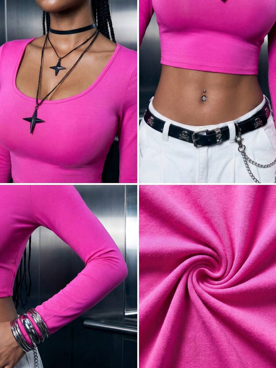 Women's mint blue cropped long sleeve top featuring a deep V-neck and twist knot asymmetrical front hem.