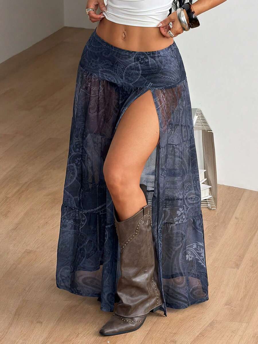 Women's floral split thigh long skirt in textured mesh fabric with a flared silhouette and low waist.