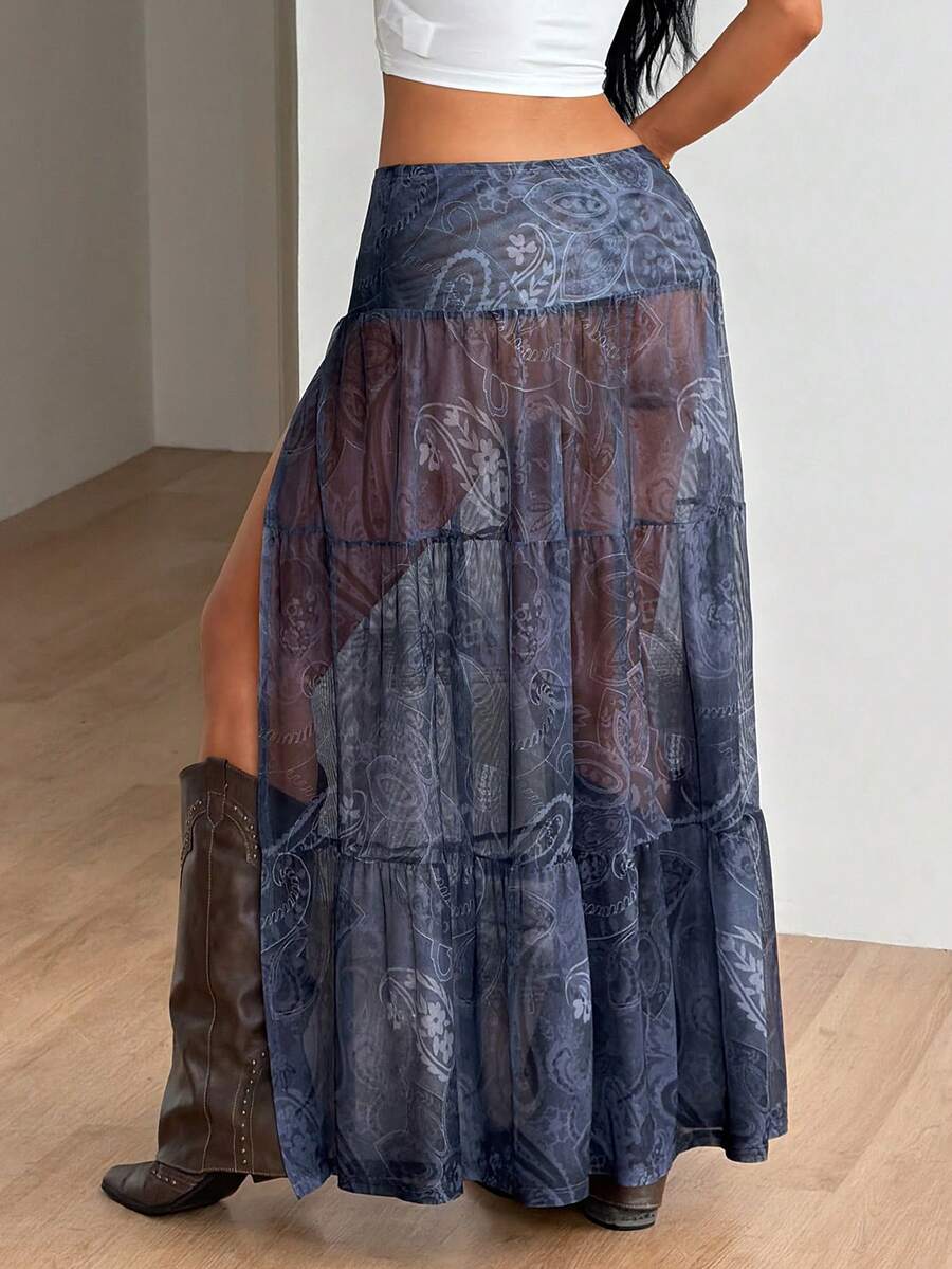 Women's floral split thigh long skirt in textured mesh fabric with a flared silhouette and low waist.