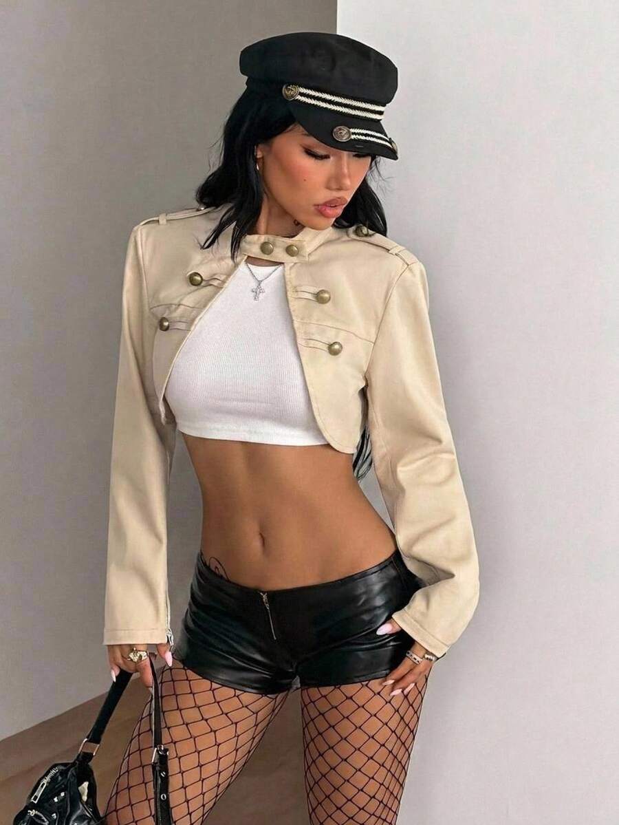 Women's khaki cropped military jacket featuring decorative Napoleon trim, long regular sleeves, tie neck, grommet eyelets, and single-breasted front closure.