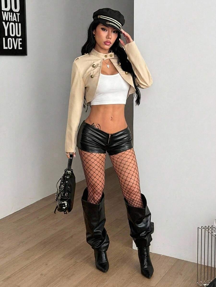 Women's khaki cropped military jacket featuring decorative Napoleon trim, long regular sleeves, tie neck, grommet eyelets, and single-breasted front closure.