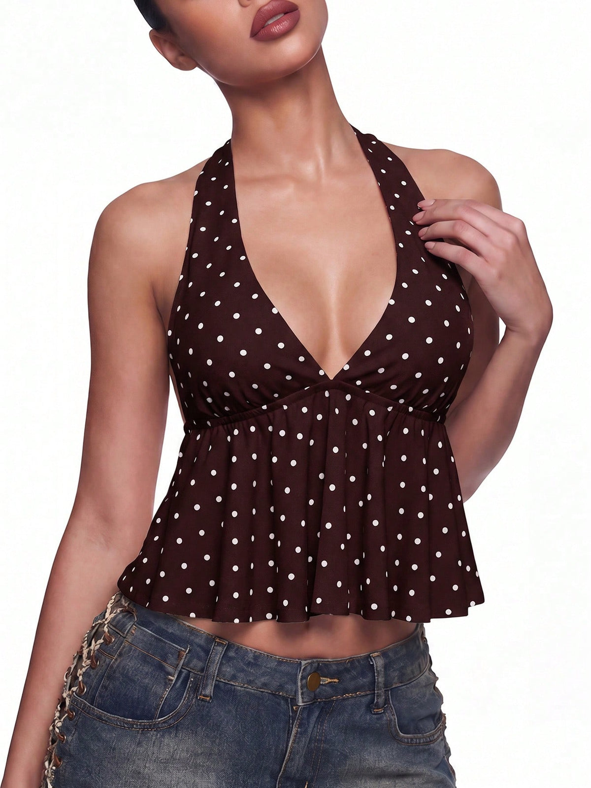 Women's Polka Dot Halter Camisole with Ruffle Hem