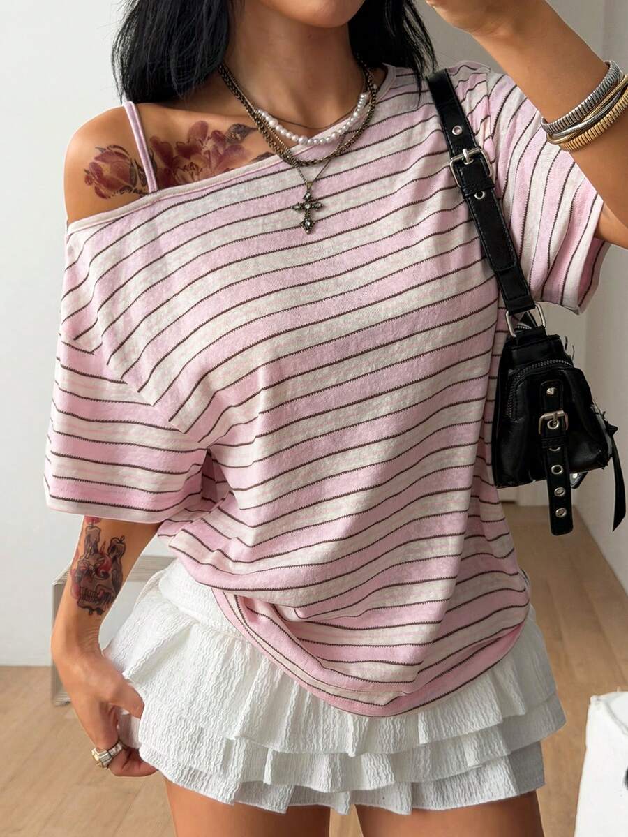 Women's casual loose fit cold shoulder cotton t-shirt with asymmetrical cutout neckline and short sleeves.